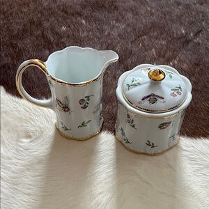 I. Godinger & Co Pitcher Creamer 4” and Sugar Dish With Lid Floral Butterfly Bee